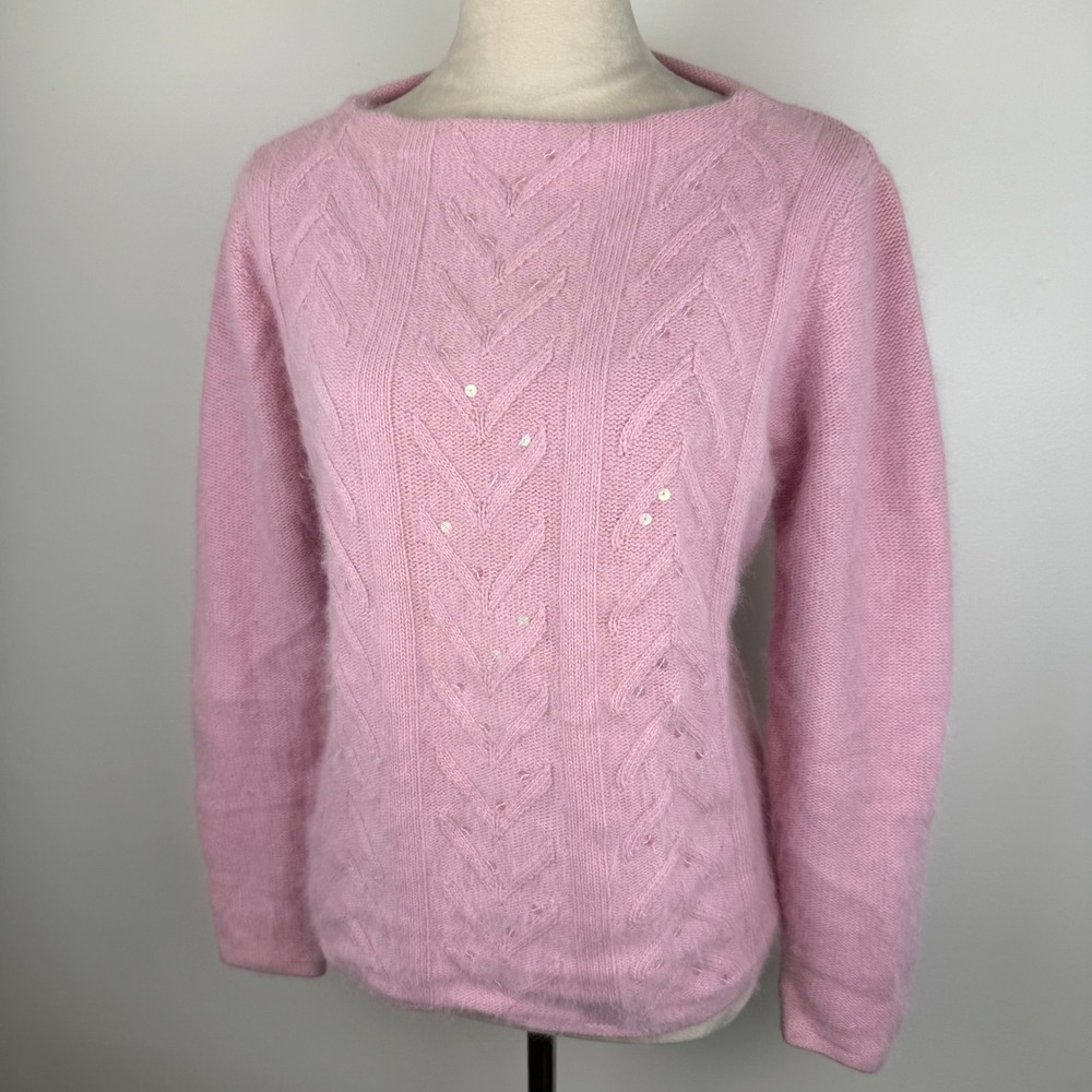Vintage 90's White Stag Pink Angora & Lambswool Blend Sequin Cable Knit Sweater - Picture 2 of 8